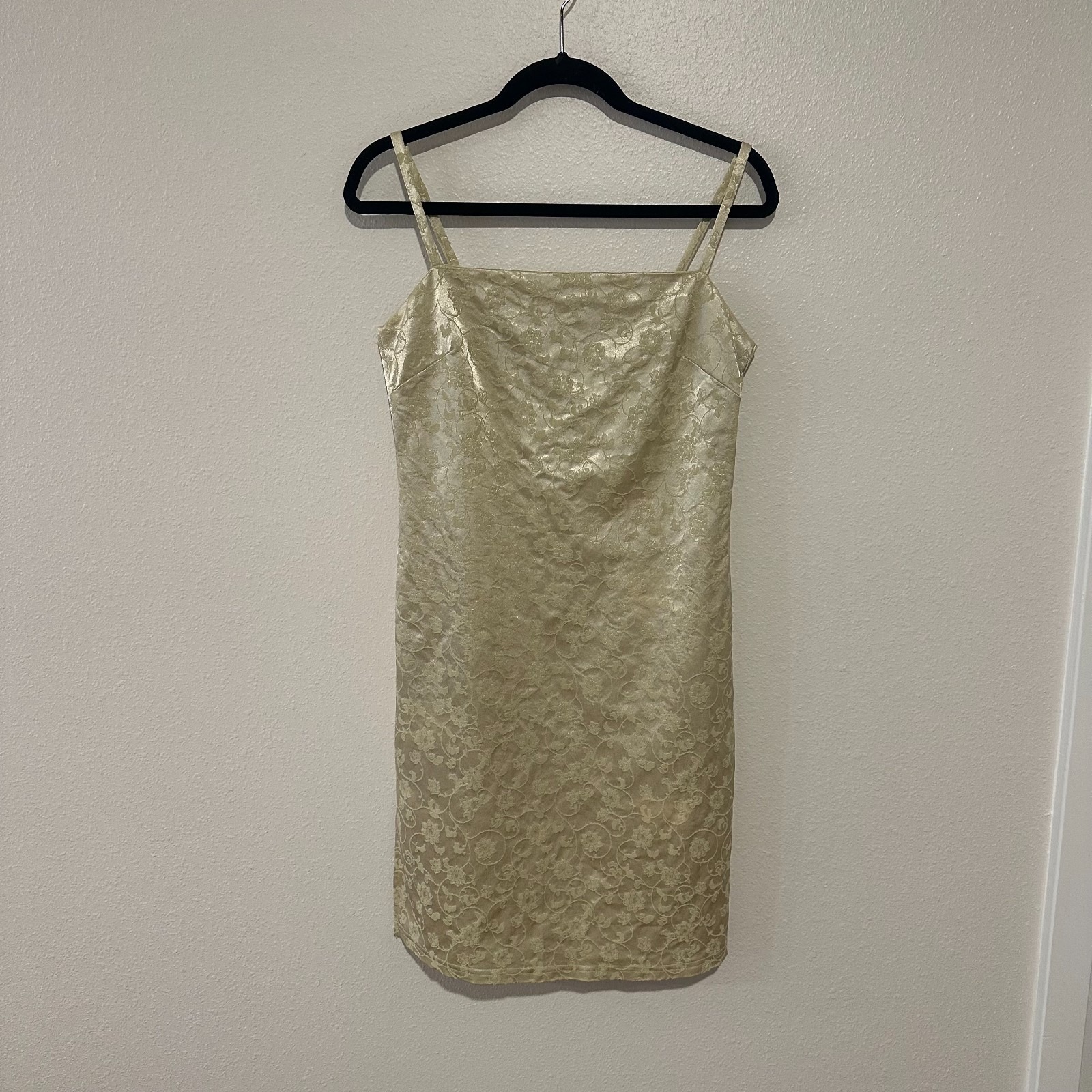 Y2k Yellow Floral Jacquard Slip Dress Size L(Fits Like Sm) Cocktail Party Midi